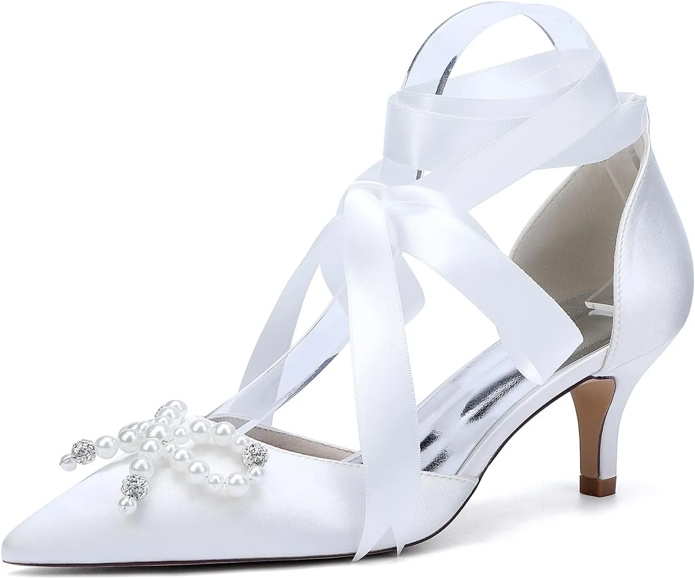 Women's Pearl Bow Wedding Shoes for Bride Kitten Heeled Bridal Pumps Ribbon Tie Closed Toe Pumps