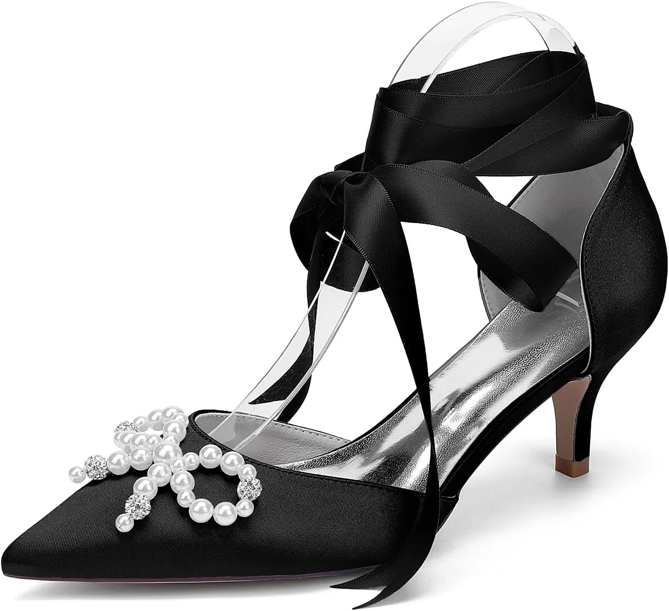Women's Pearl Bow Wedding Shoes for Bride Kitten Heeled Bridal Pumps Ribbon Tie Closed Toe Pumps