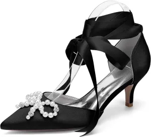 Women's Pearl Bow Wedding Shoes for Bride Kitten Heeled Bridal Pumps Ribbon Tie Closed Toe Pumps