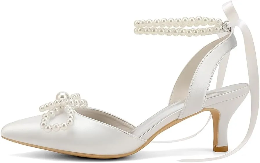 Women's Pearl Kitten Heels with Bow Satin Wedding Shoes for Bride Low Heels Bridal Shoes Pointed Toe Slingback Heels Pumps