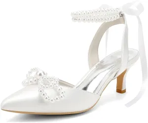 Women's Pearl Kitten Heels with Bow Satin Wedding Shoes for Bride Low Heels Bridal Shoes Pointed Toe Slingback Heels Pumps