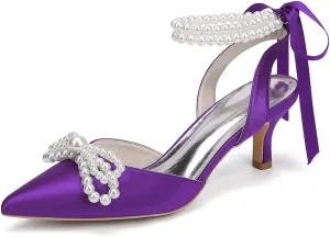 Women's Pearl Kitten Heels with Bow Satin Wedding Shoes for Bride Low Heels Bridal Shoes Pointed Toe Slingback Heels Pumps