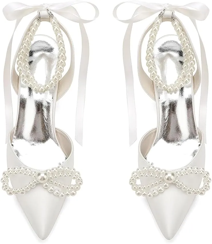 Women's Pearl Kitten Heels with Bow Satin Wedding Shoes for Bride Low Heels Bridal Shoes Pointed Toe Slingback Heels Pumps