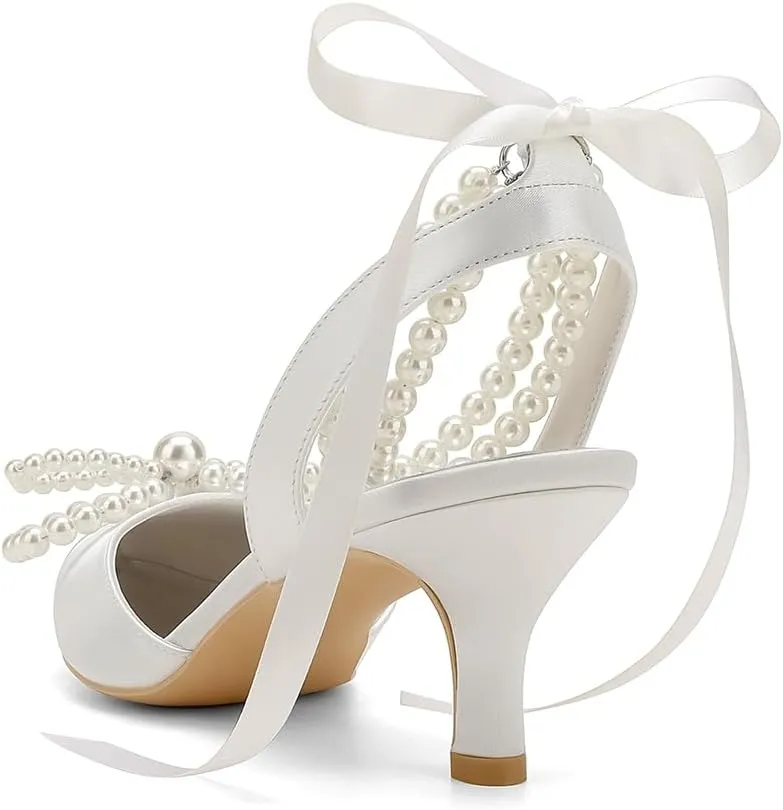 Women's Pearl Kitten Heels with Bow Satin Wedding Shoes for Bride Low Heels Bridal Shoes Pointed Toe Slingback Heels Pumps