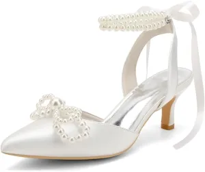 Women's Pearl Kitten Heels with Bow Satin Wedding Shoes for Bride Low Heels Bridal Shoes Pointed Toe Slingback Heels Pumps