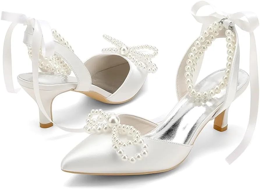 Women's Pearl Kitten Heels with Bow Satin Wedding Shoes for Bride Low Heels Bridal Shoes Pointed Toe Slingback Heels Pumps