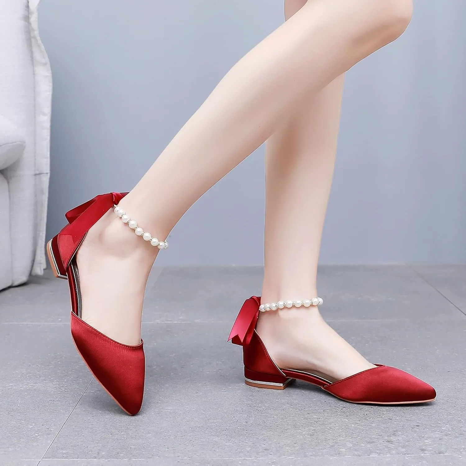 Women's Pearl Satin Wedding Shoes Pointed Toe Comfortable Bridal Flats Formal Prom Party Dress Pumps Ankle Strap Sandals