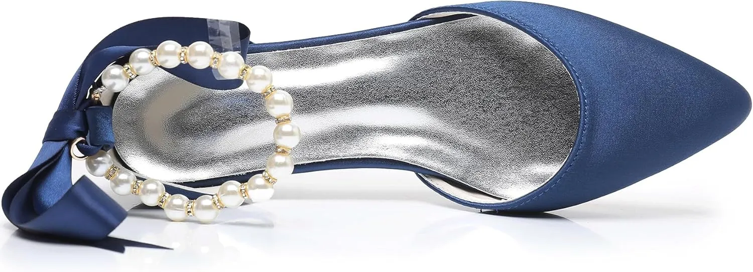 Women's Pearl Satin Wedding Shoes Pointed Toe Comfortable Bridal Flats Formal Prom Party Dress Pumps Ankle Strap Sandals