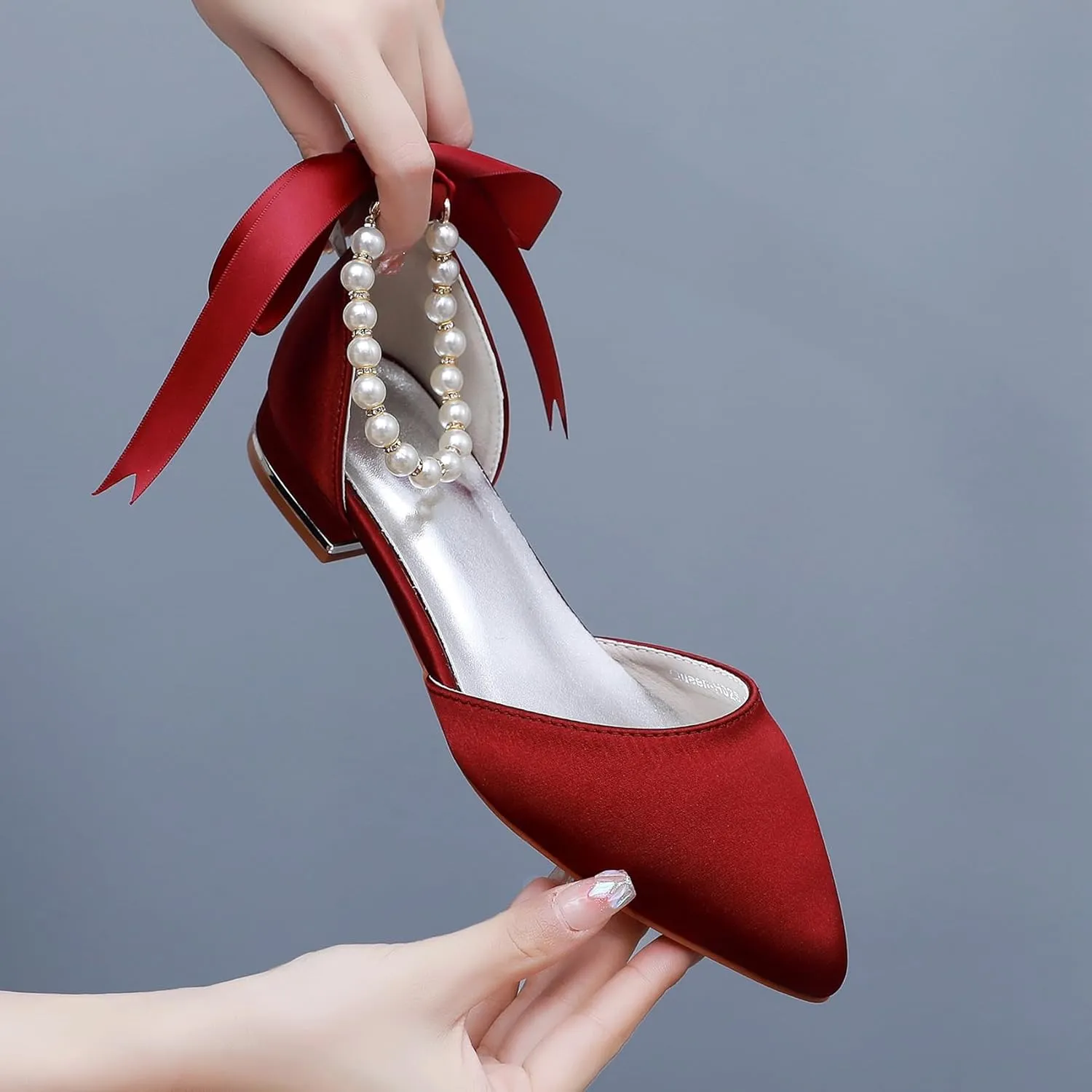 Women's Pearl Satin Wedding Shoes Pointed Toe Comfortable Bridal Flats Formal Prom Party Dress Pumps Ankle Strap Sandals
