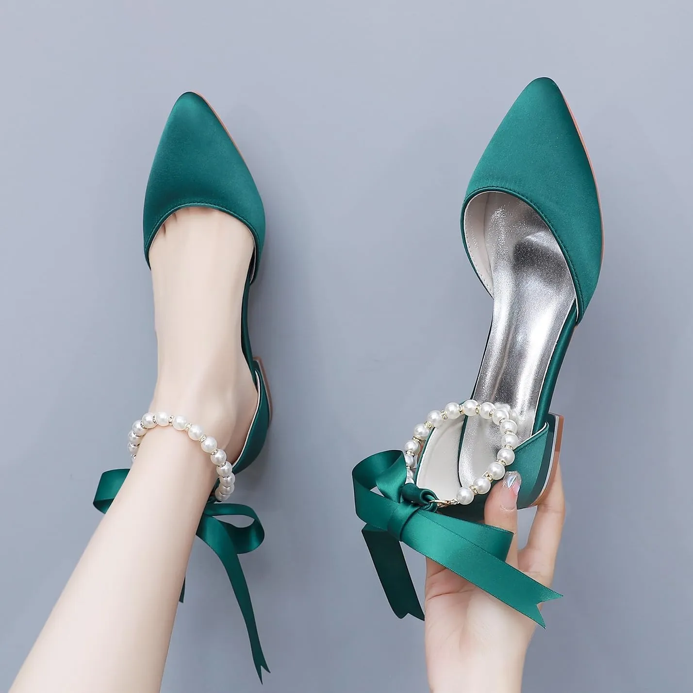 Women's Pearl Satin Wedding Shoes Pointed Toe Comfortable Bridal Flats Formal Prom Party Dress Pumps Ankle Strap Sandals