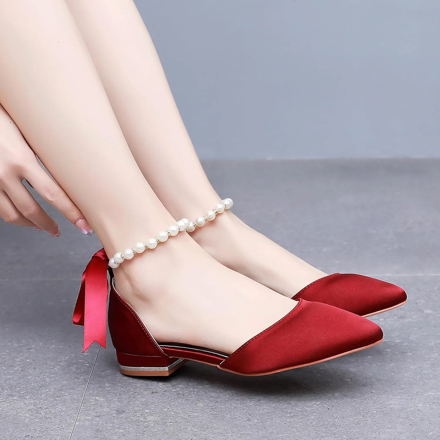 Women's Pearl Satin Wedding Shoes Pointed Toe Comfortable Bridal Flats Formal Prom Party Dress Pumps Ankle Strap Sandals