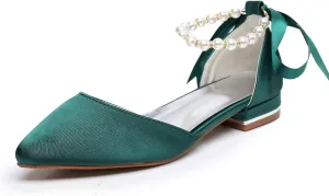Women's Pearl Satin Wedding Shoes Pointed Toe Comfortable Bridal Flats Formal Prom Party Dress Pumps Ankle Strap Sandals