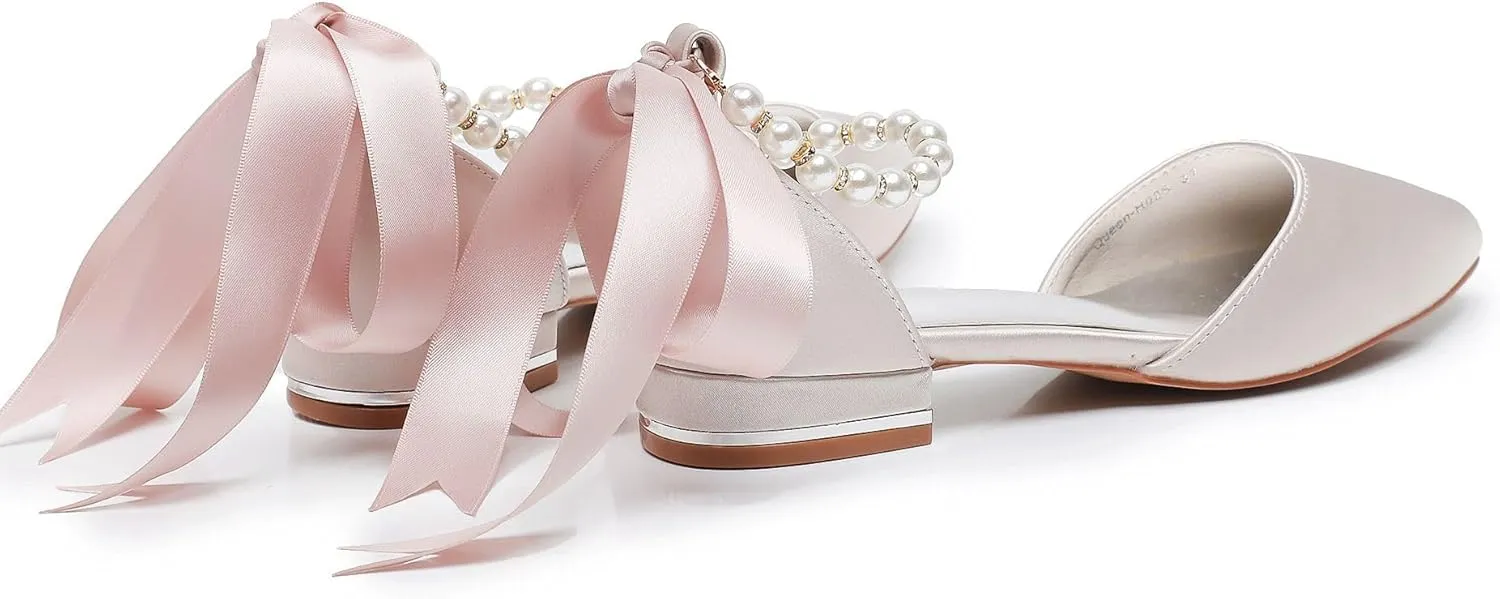 Women's Pearl Satin Wedding Shoes Pointed Toe Comfortable Bridal Flats Formal Prom Party Dress Pumps Ankle Strap Sandals