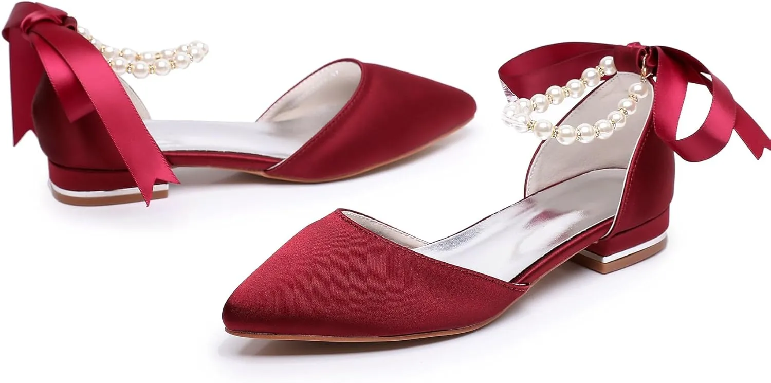Women's Pearl Satin Wedding Shoes Pointed Toe Comfortable Bridal Flats Formal Prom Party Dress Pumps Ankle Strap Sandals