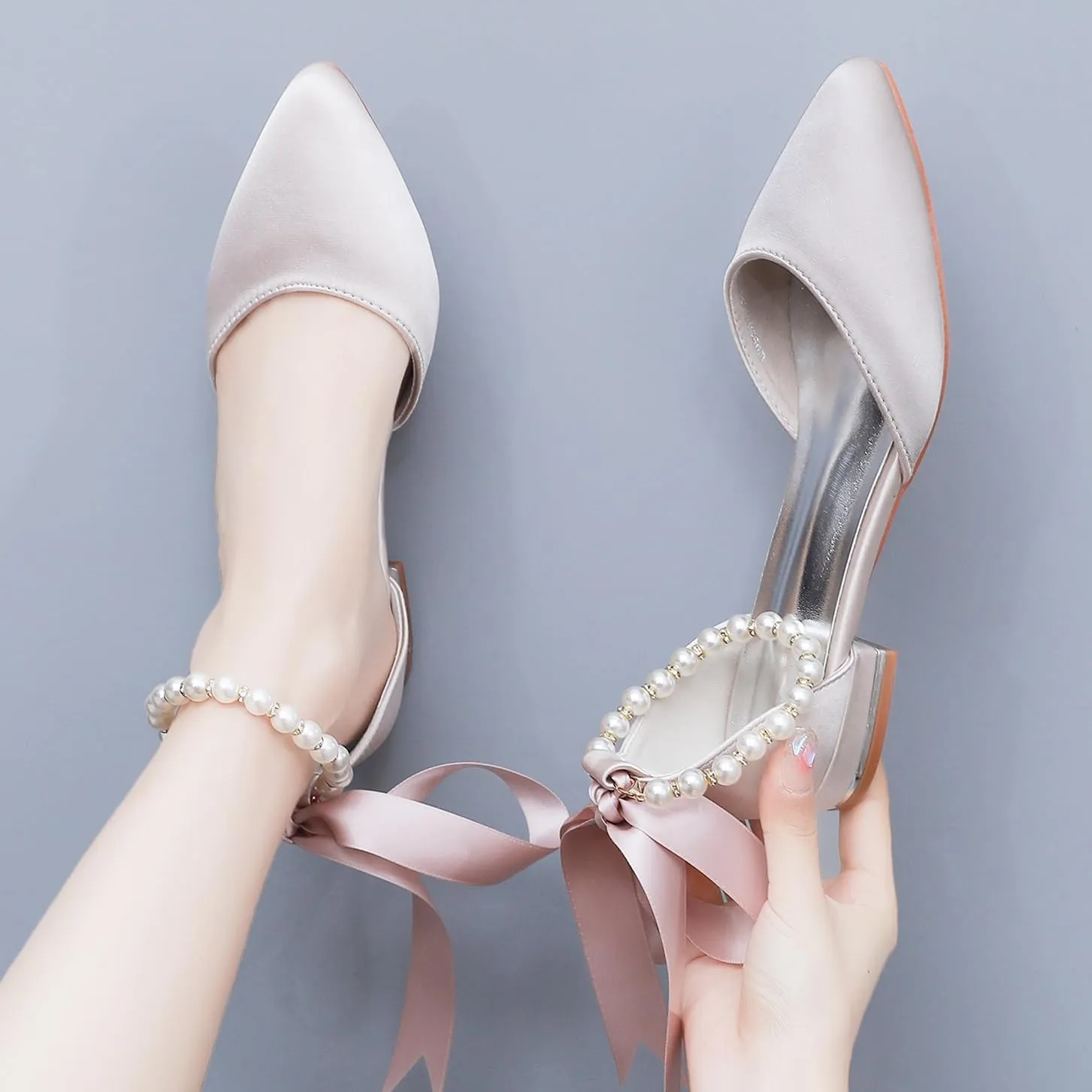 Women's Pearl Satin Wedding Shoes Pointed Toe Comfortable Bridal Flats Formal Prom Party Dress Pumps Ankle Strap Sandals
