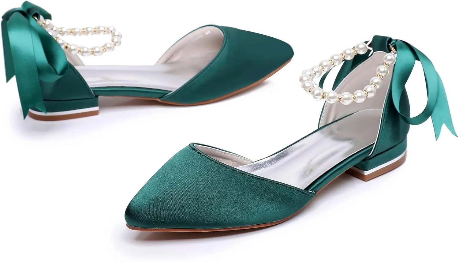 Women's Pearl Satin Wedding Shoes Pointed Toe Comfortable Bridal Flats Formal Prom Party Dress Pumps Ankle Strap Sandals