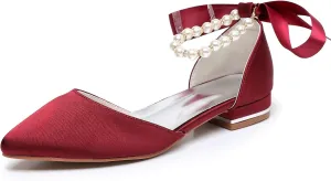 Women's Pearl Satin Wedding Shoes Pointed Toe Comfortable Bridal Flats Formal Prom Party Dress Pumps Ankle Strap Sandals