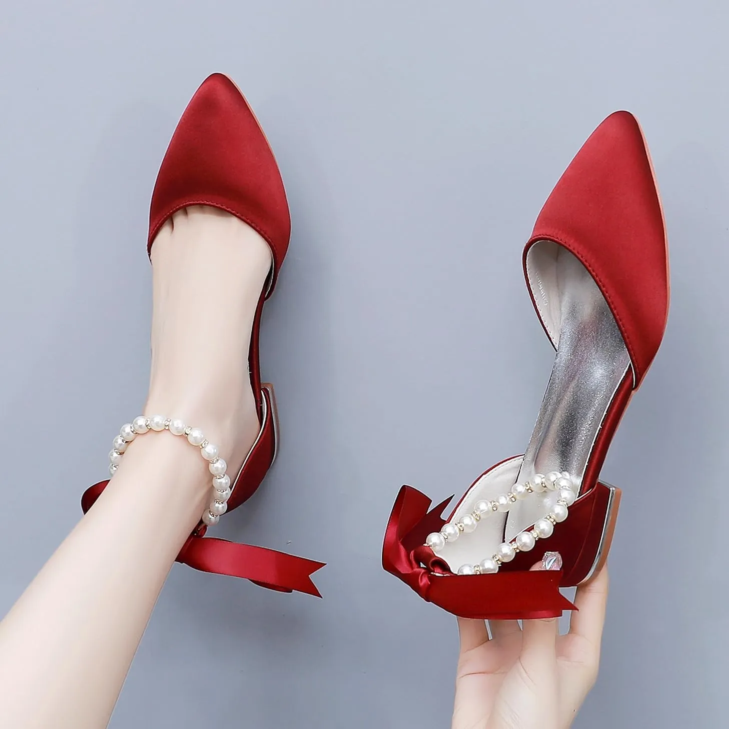 Women's Pearl Satin Wedding Shoes Pointed Toe Comfortable Bridal Flats Formal Prom Party Dress Pumps Ankle Strap Sandals