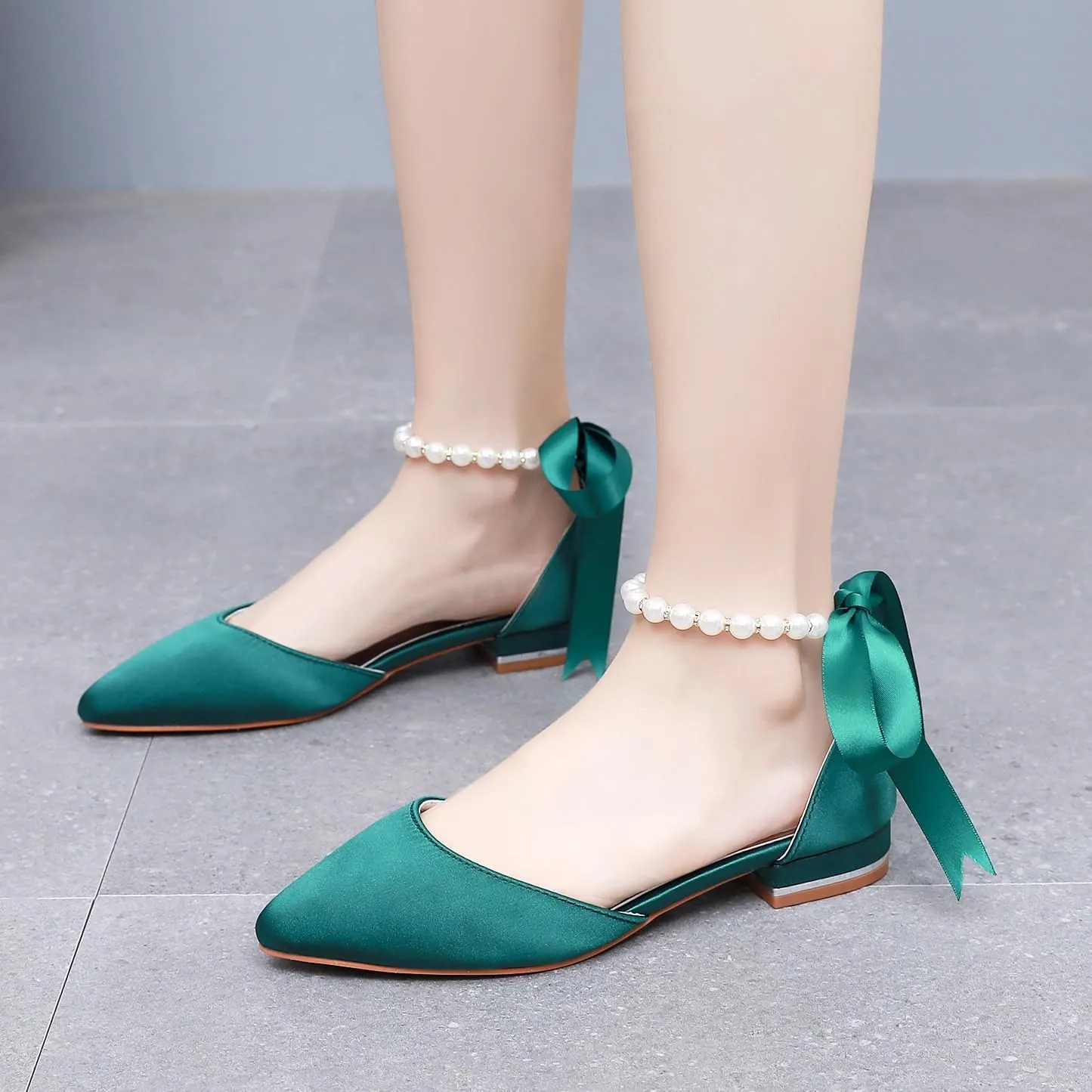 Women's Pearl Satin Wedding Shoes Pointed Toe Comfortable Bridal Flats Formal Prom Party Dress Pumps Ankle Strap Sandals