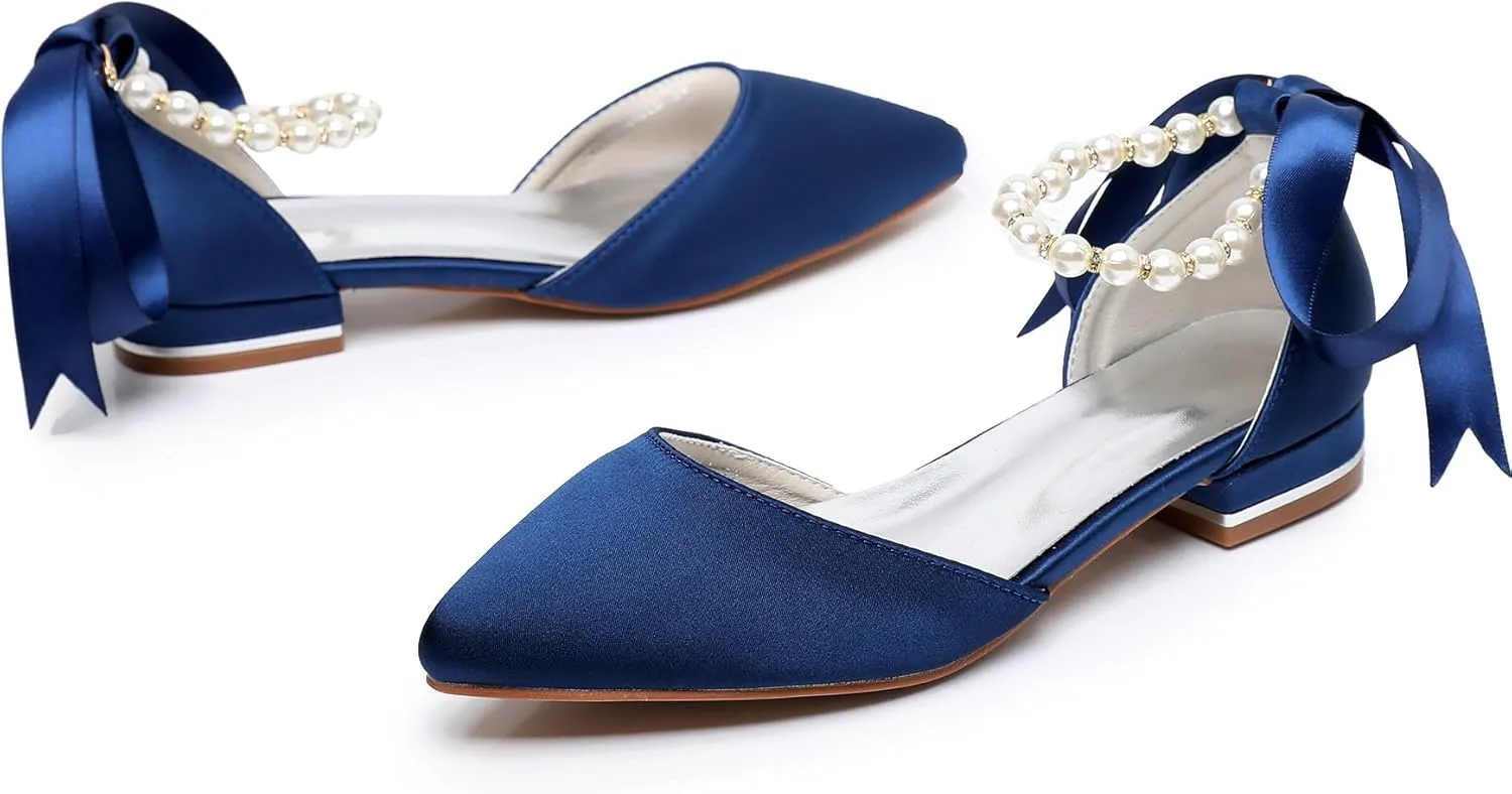 Women's Pearl Satin Wedding Shoes Pointed Toe Comfortable Bridal Flats Formal Prom Party Dress Pumps Ankle Strap Sandals