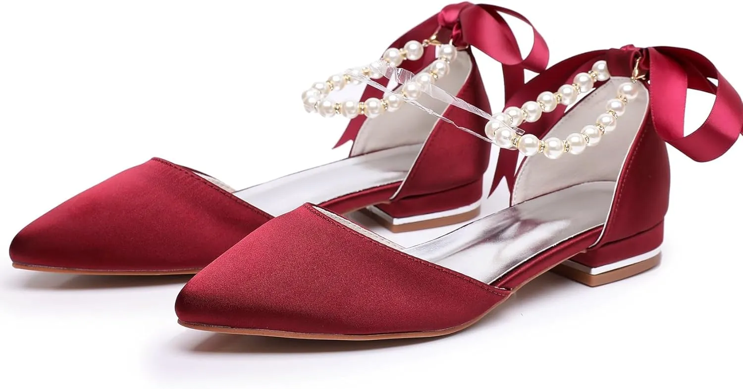 Women's Pearl Satin Wedding Shoes Pointed Toe Comfortable Bridal Flats Formal Prom Party Dress Pumps Ankle Strap Sandals