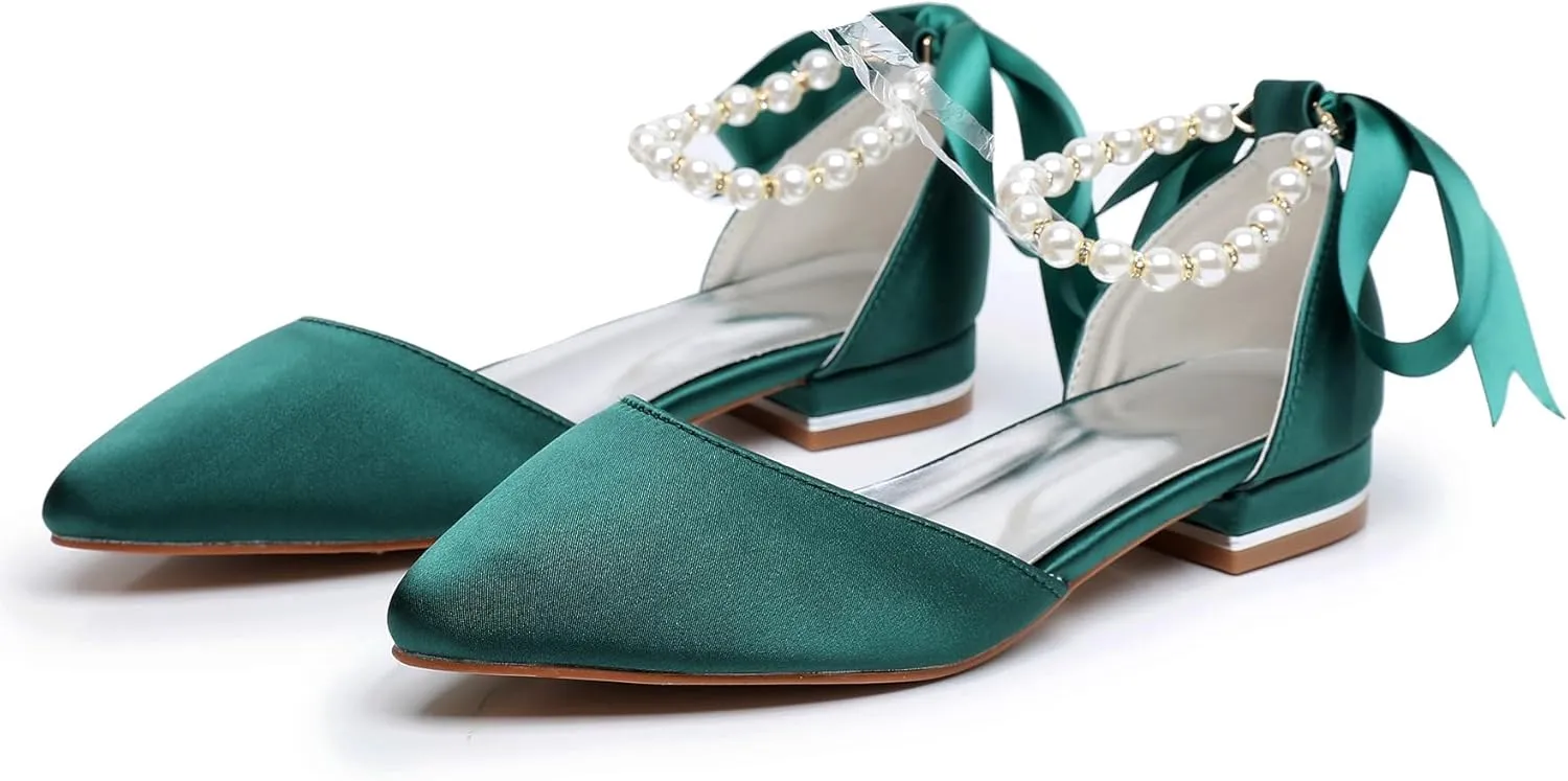 Women's Pearl Satin Wedding Shoes Pointed Toe Comfortable Bridal Flats Formal Prom Party Dress Pumps Ankle Strap Sandals