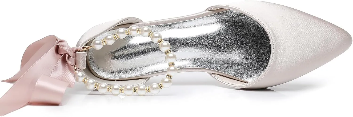 Women's Pearl Satin Wedding Shoes Pointed Toe Comfortable Bridal Flats Formal Prom Party Dress Pumps Ankle Strap Sandals