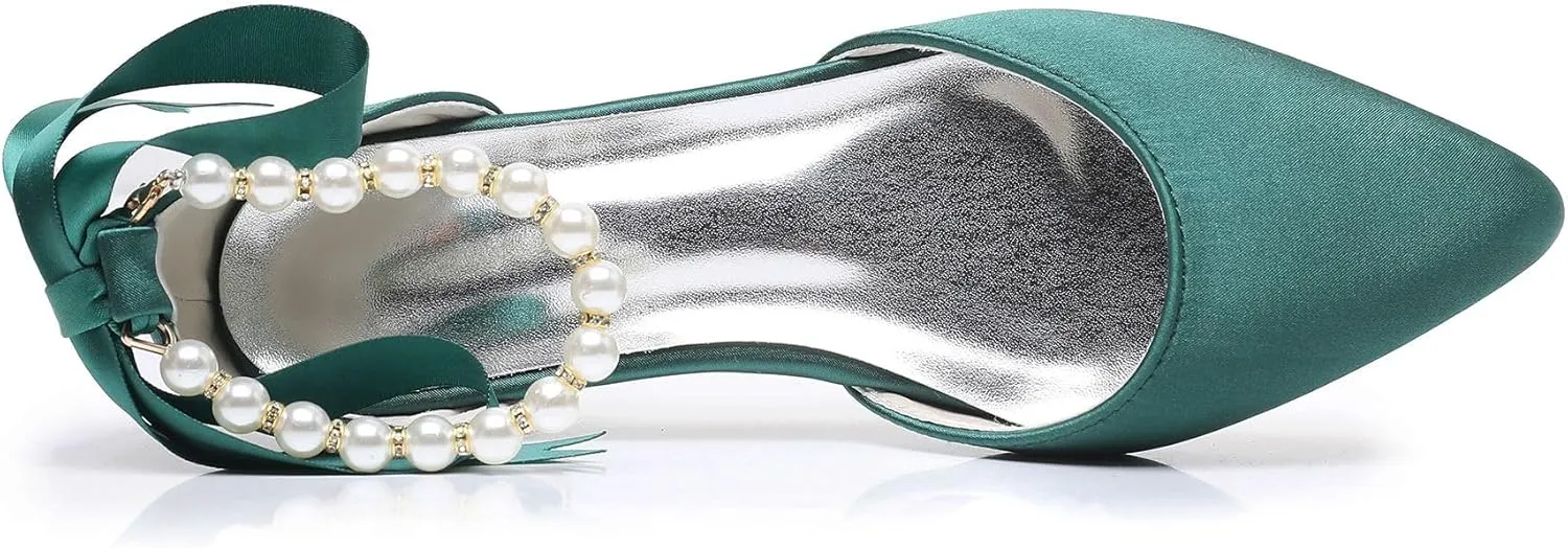 Women's Pearl Satin Wedding Shoes Pointed Toe Comfortable Bridal Flats Formal Prom Party Dress Pumps Ankle Strap Sandals