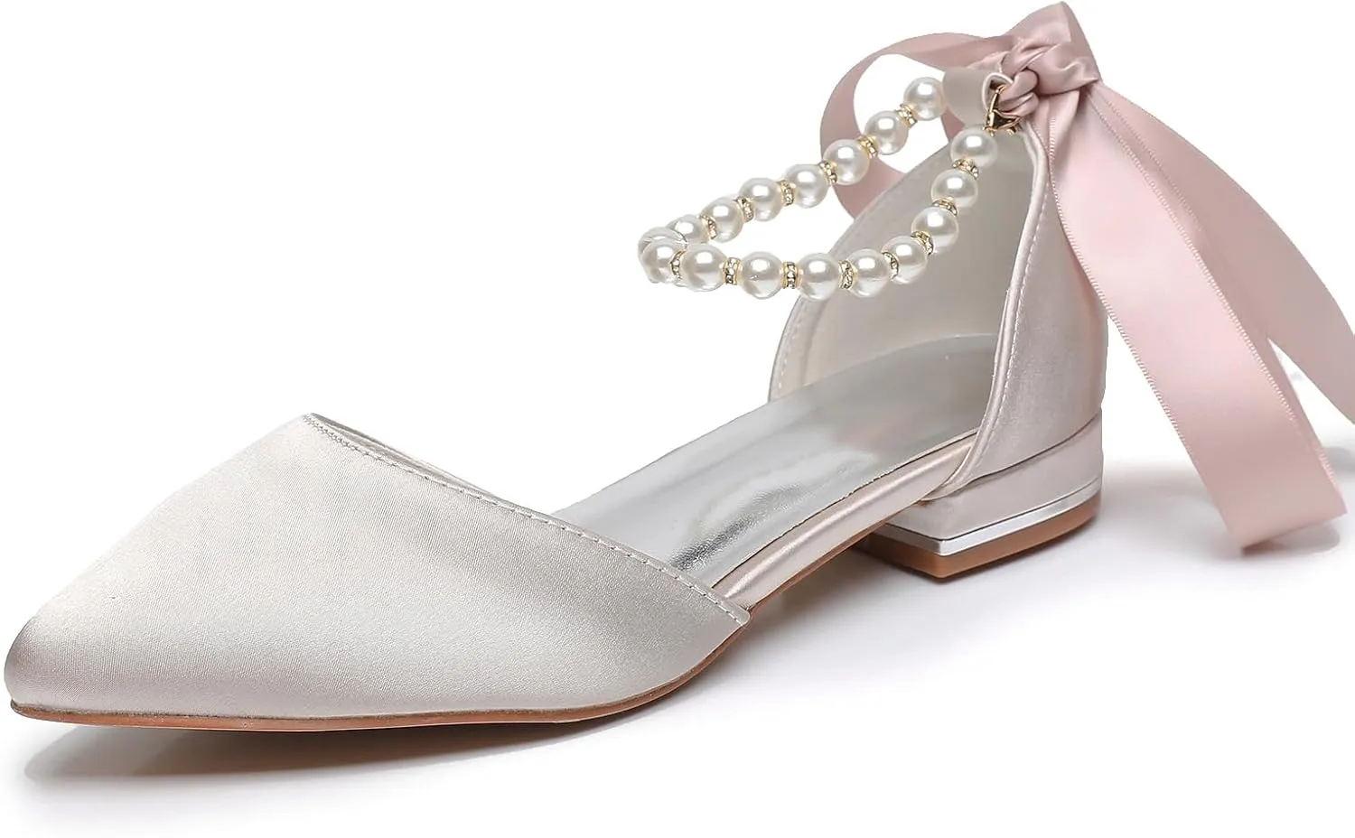 Women's Pearl Satin Wedding Shoes Pointed Toe Comfortable Bridal Flats Formal Prom Party Dress Pumps Ankle Strap Sandals