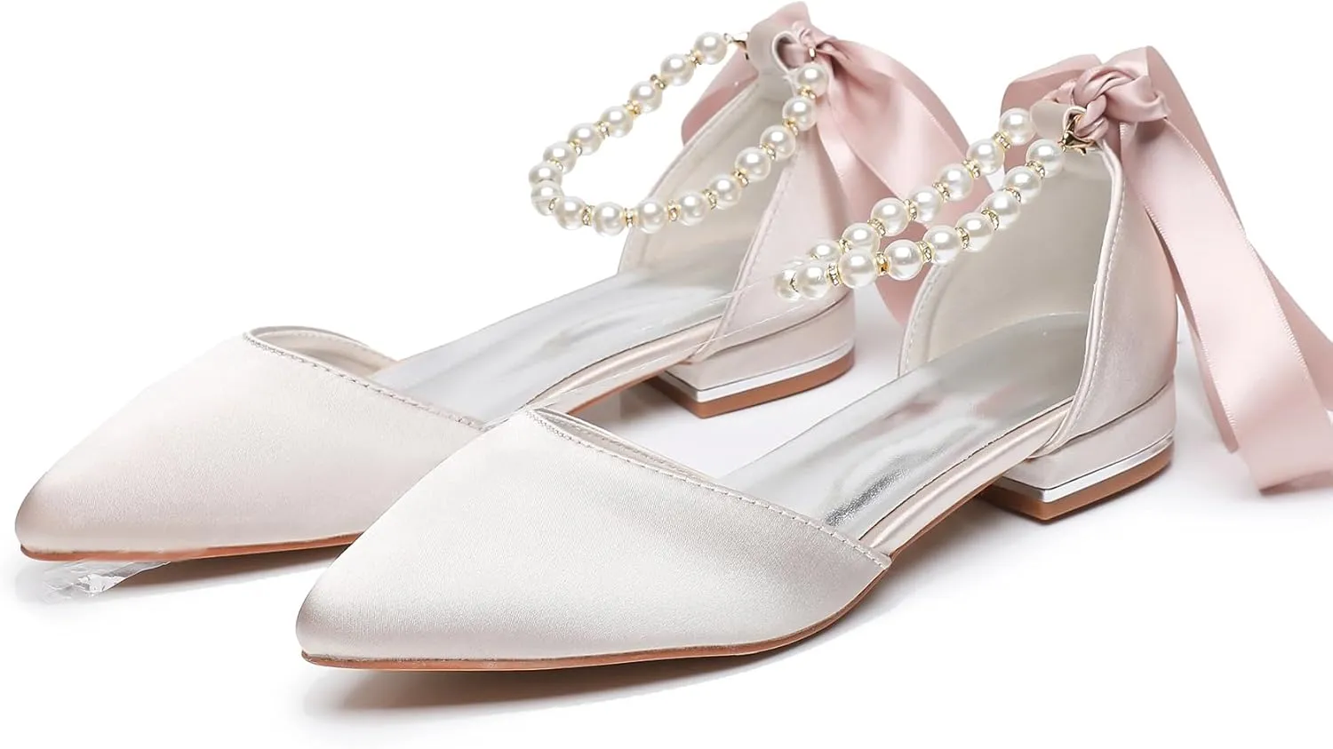 Women's Pearl Satin Wedding Shoes Pointed Toe Comfortable Bridal Flats Formal Prom Party Dress Pumps Ankle Strap Sandals