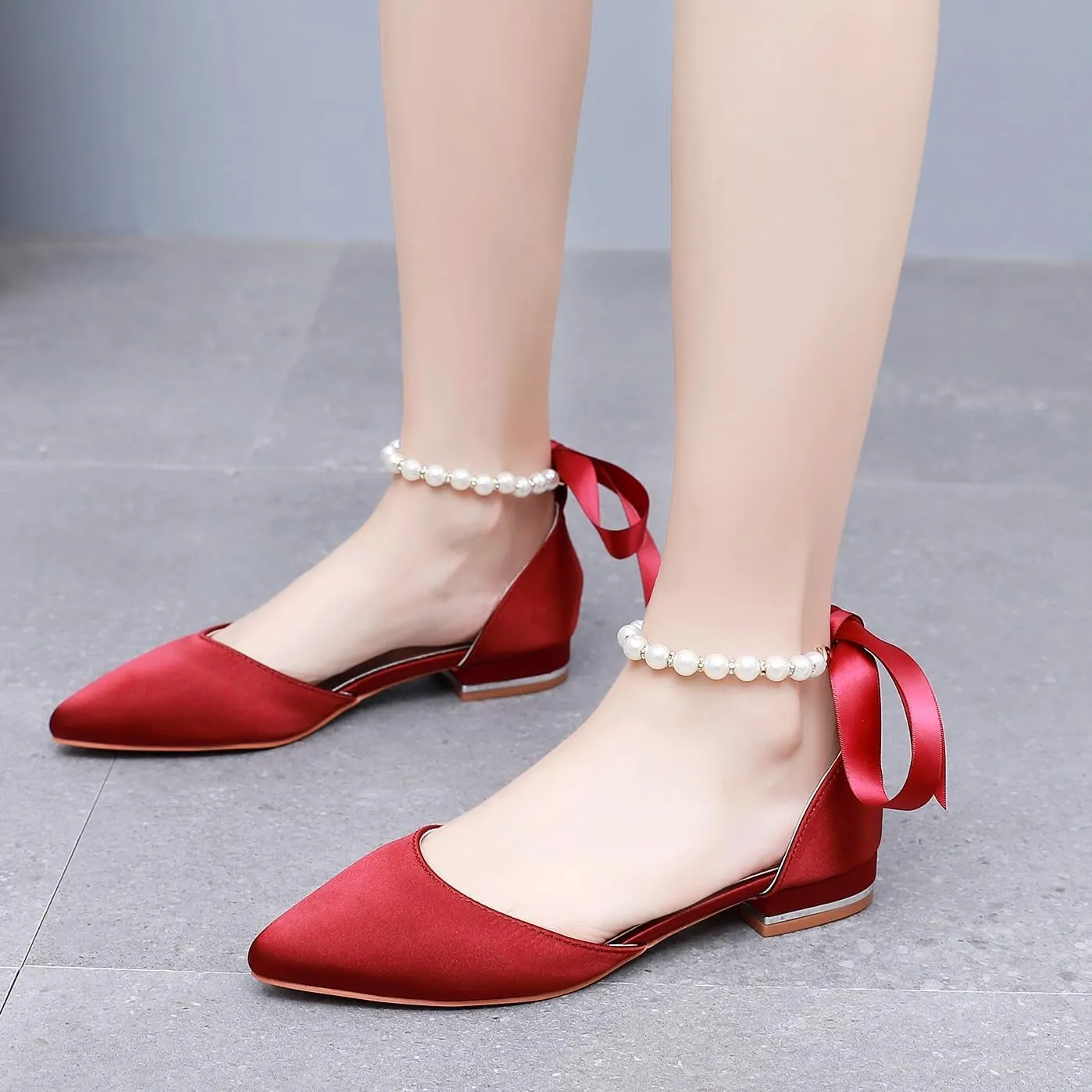 Women's Pearl Satin Wedding Shoes Pointed Toe Comfortable Bridal Flats Formal Prom Party Dress Pumps Ankle Strap Sandals