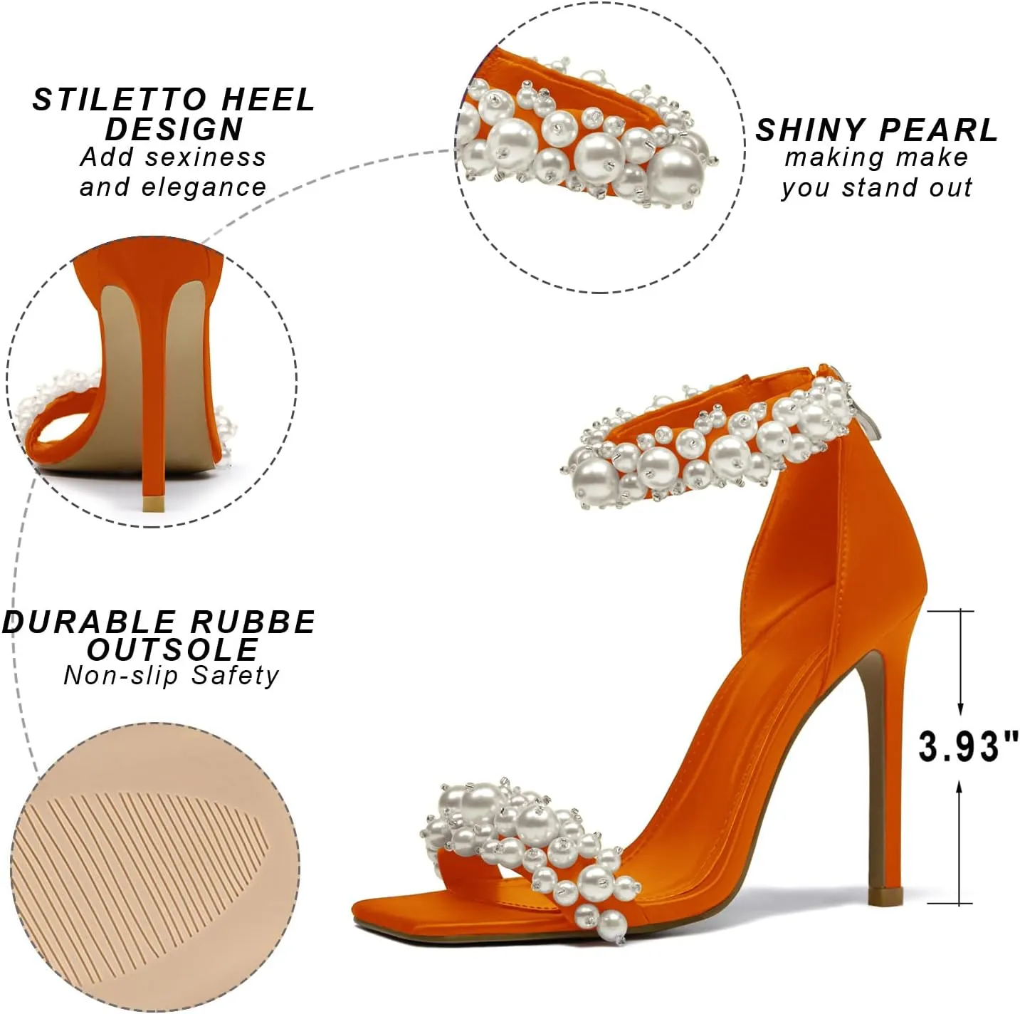 Women's Pearl Stiletto Heels Open Square Toe sparkly heels Ankle Back Zipper bridal heels Satin Wedding Sexy prom heels Party Dressy Shoes