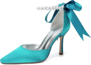Women's Pearl Wedding Shoes for Bride High Stiletto Heels Satin Bridal Pumps for Women Dressy Party Prom Heels
