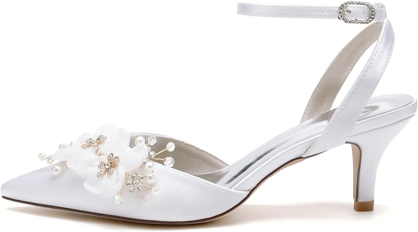 Women's Pearl Wedding Shoes - Kitten Heels, Bridal Shoes, Closed Toe, Ankle Strap, Satin Slingback Heels, Pumps