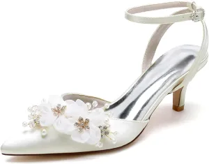 Women's Pearl Wedding Shoes - Kitten Heels, Bridal Shoes, Closed Toe, Ankle Strap, Satin Slingback Heels, Pumps