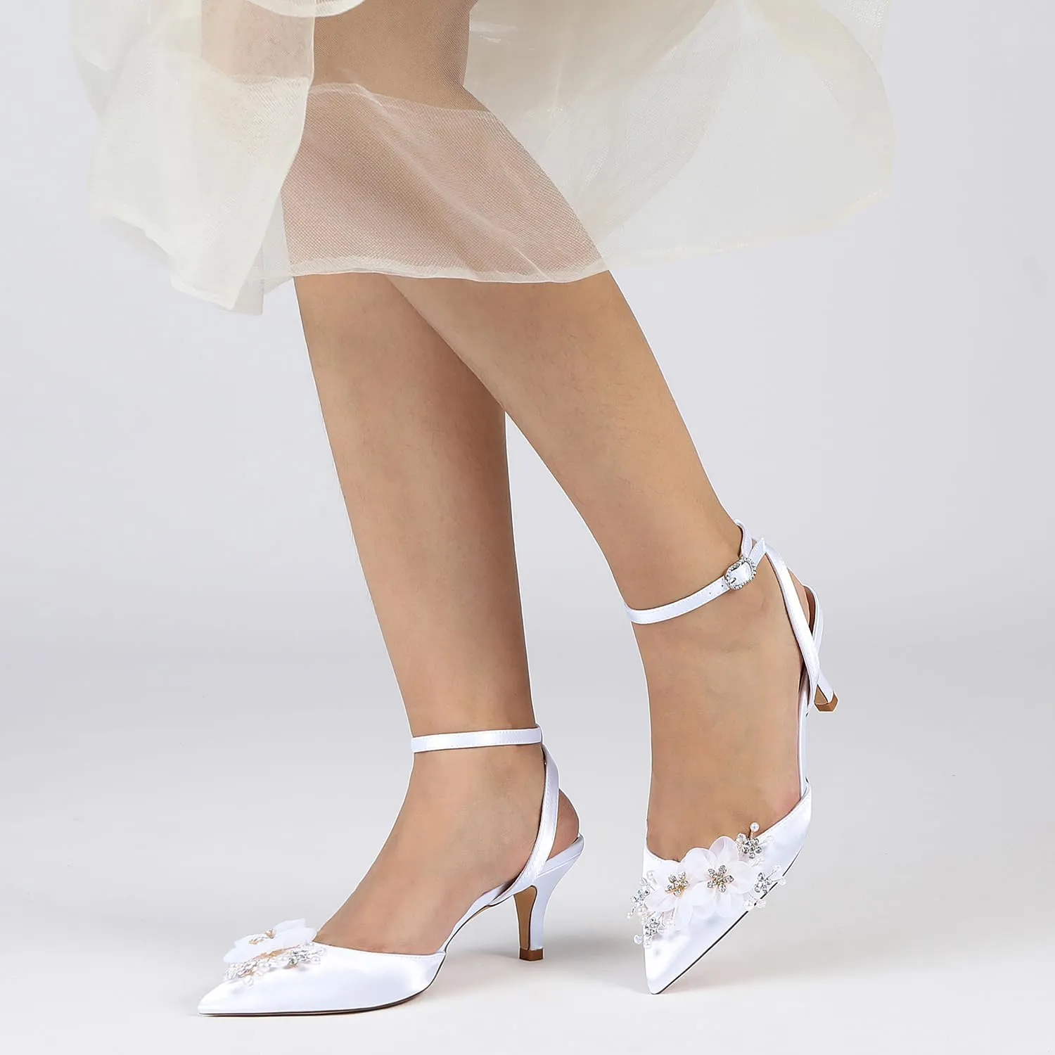 Women's Pearl Wedding Shoes - Kitten Heels, Bridal Shoes, Closed Toe, Ankle Strap, Satin Slingback Heels, Pumps