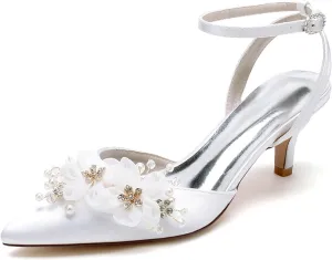 Women's Pearl Wedding Shoes - Kitten Heels, Bridal Shoes, Closed Toe, Ankle Strap, Satin Slingback Heels, Pumps