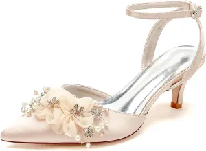 Women's Pearl Wedding Shoes - Kitten Heels, Bridal Shoes, Closed Toe, Ankle Strap, Satin Slingback Heels, Pumps