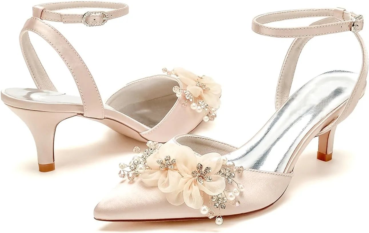 Women's Pearl Wedding Shoes - Kitten Heels, Bridal Shoes, Closed Toe, Ankle Strap, Satin Slingback Heels, Pumps