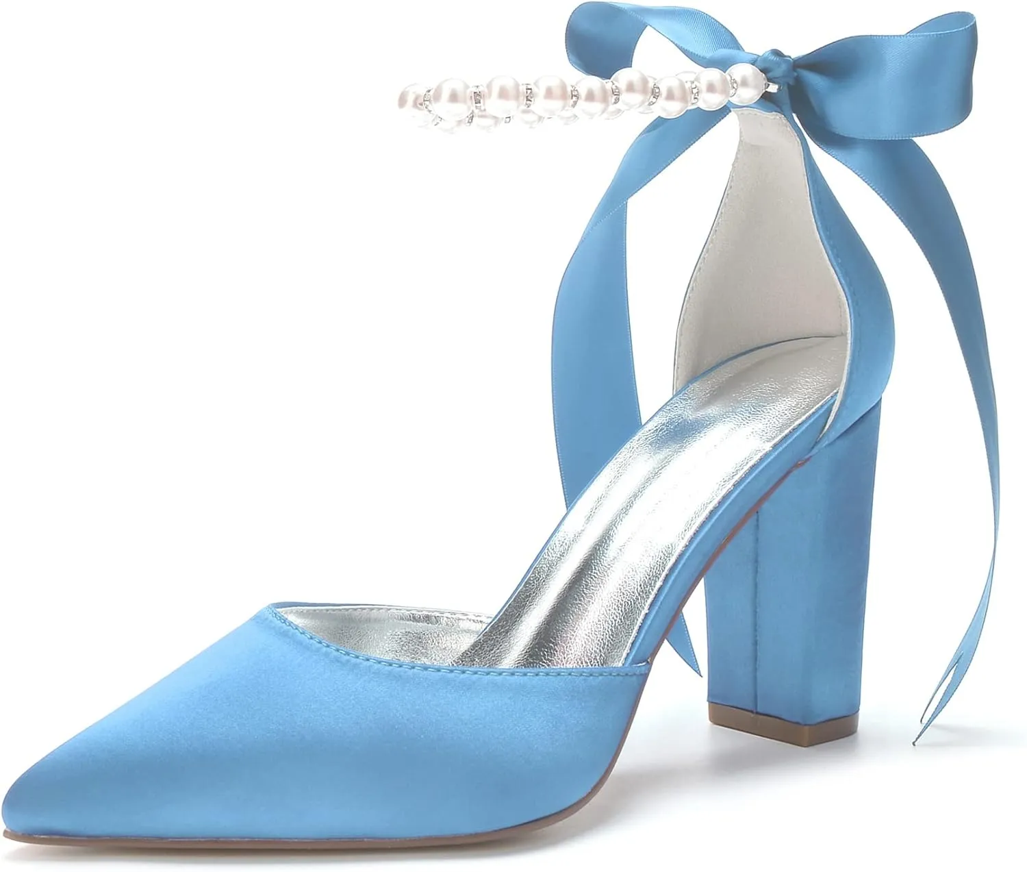 Women's Pearl White Wedding Shoes for Bride High Heels Pointed Toe Bridal Shoes Satin Block Heels Prom Party Dress Pumps Sandals