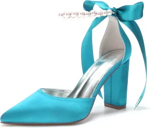 Women's Pearl White Wedding Shoes for Bride High Heels Pointed Toe Bridal Shoes Satin Block Heels Prom Party Dress Pumps Sandals