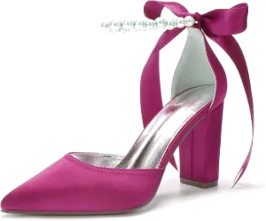 Women's Pearl White Wedding Shoes for Bride High Heels Pointed Toe Bridal Shoes Satin Block Heels Prom Party Dress Pumps Sandals