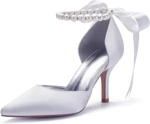 Women's Pearl White Wedding Shoes for Bride High Heels Pointed Toe Bridal Shoes Satin Prom Party Dress Pumps Sandals