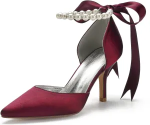 Women's Pearl White Wedding Shoes for Bride High Heels Pointed Toe Bridal Shoes Satin Prom Party Dress Pumps Sandals