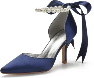 Women's Pearl White Wedding Shoes for Bride High Heels Pointed Toe Bridal Shoes Satin Prom Party Dress Pumps Sandals