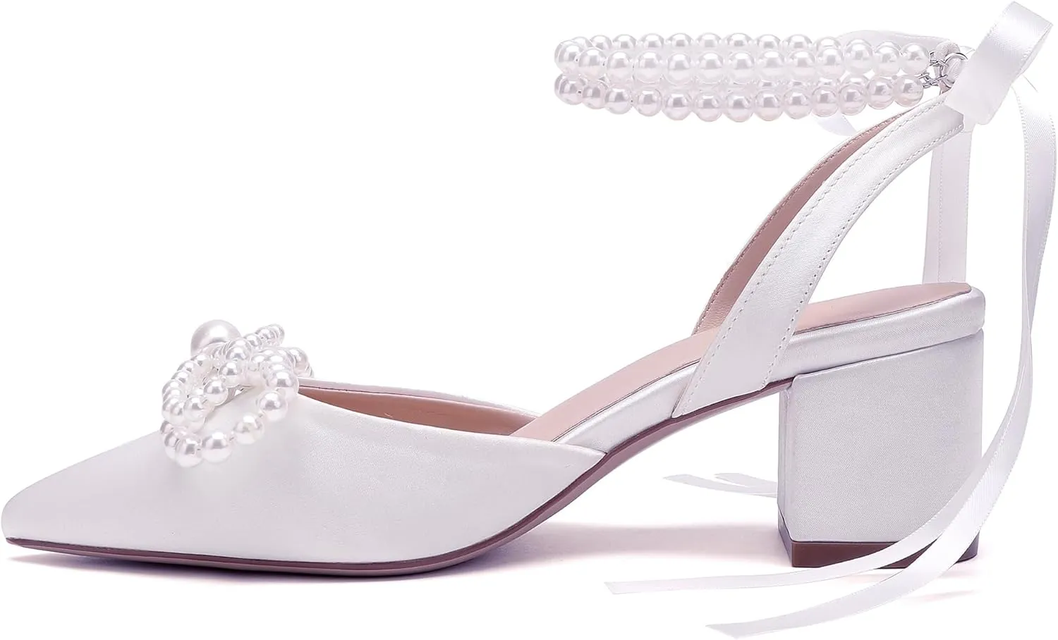 Women's Pearls Closed Toe Chunky Low Block Heel Ankle Strap Heeled Sandals Wedding Dress Shoes Pumps