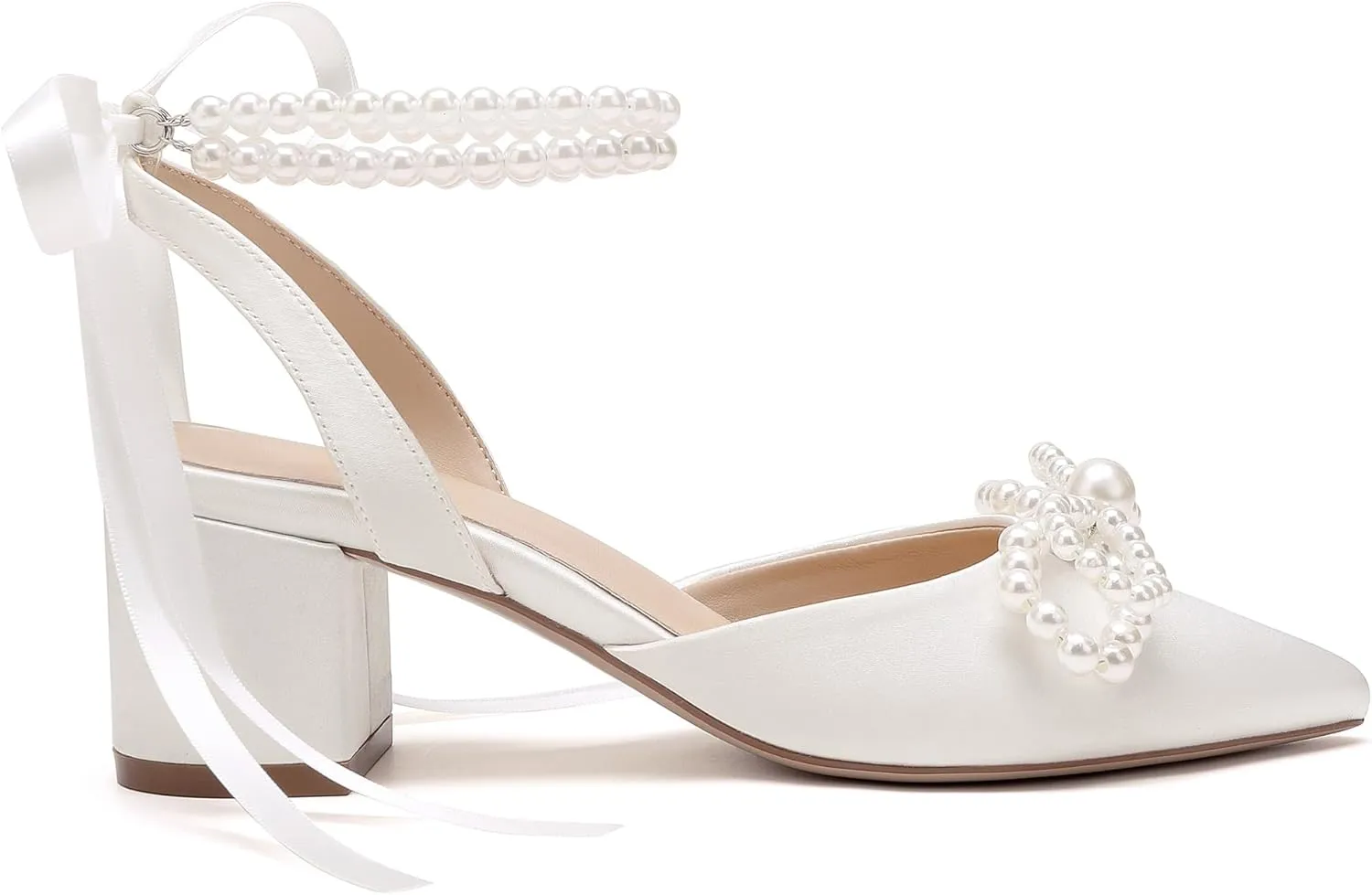 Women's Pearls Closed Toe Chunky Low Block Heel Ankle Strap Heeled Sandals Wedding Dress Shoes Pumps