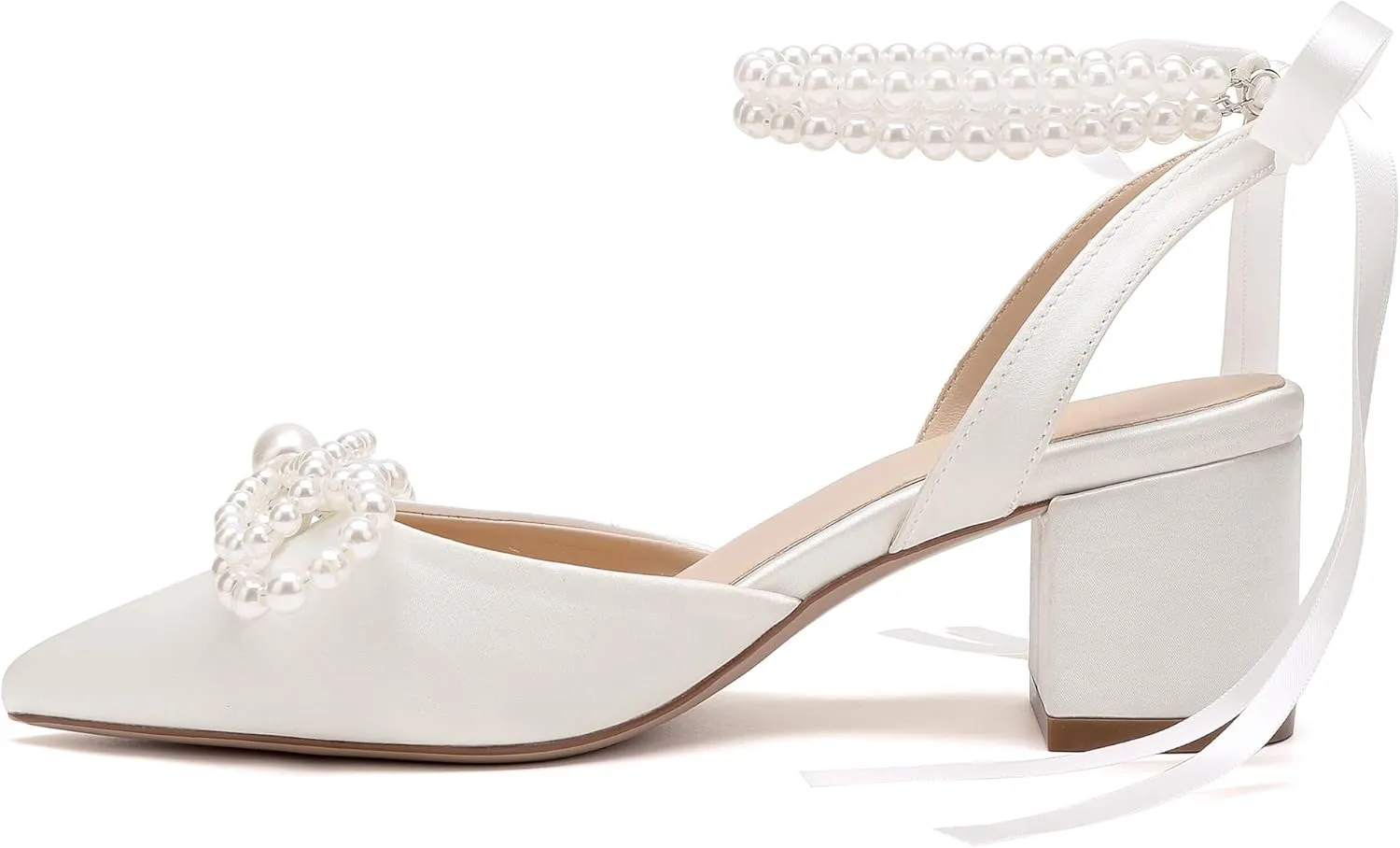 Women's Pearls Closed Toe Chunky Low Block Heel Ankle Strap Heeled Sandals Wedding Dress Shoes Pumps
