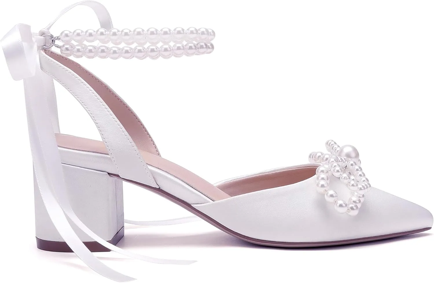 Women's Pearls Closed Toe Chunky Low Block Heel Ankle Strap Heeled Sandals Wedding Dress Shoes Pumps