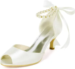 Women's Peep Toe Kitten Heel Pumps Sandals Bridal Wedding Shoes for Evening Party,Ivory,9
